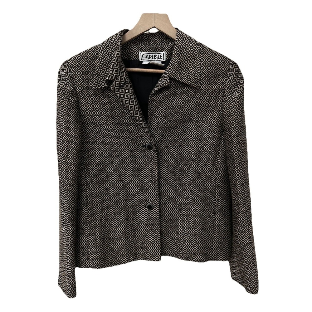 Carlisle Blazer‎ 12 Black Gold Geometric Diamond Linen Blend Structured Jacket